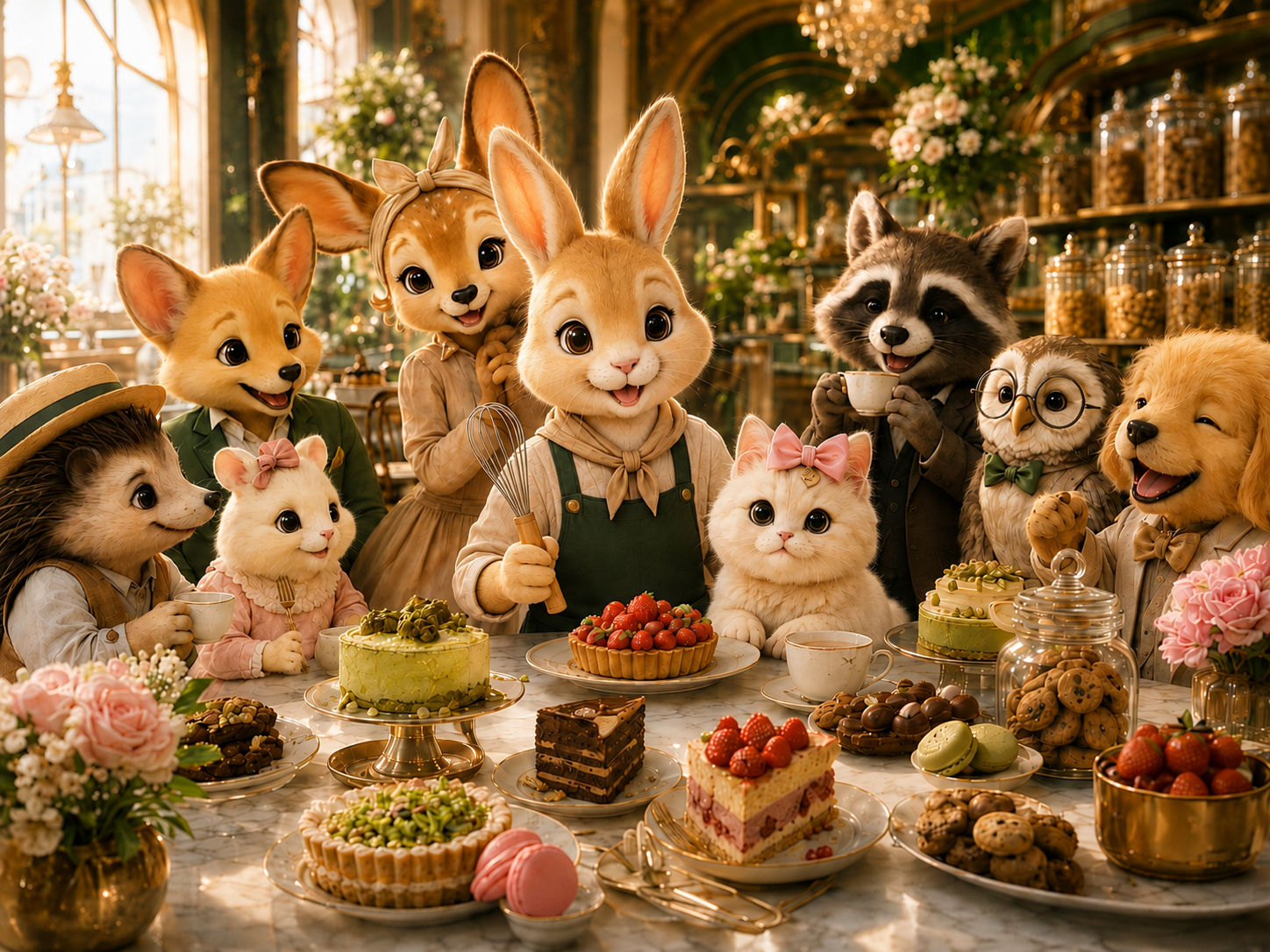 Bunny and Mish gathered with their whimsical founding friends around desserts